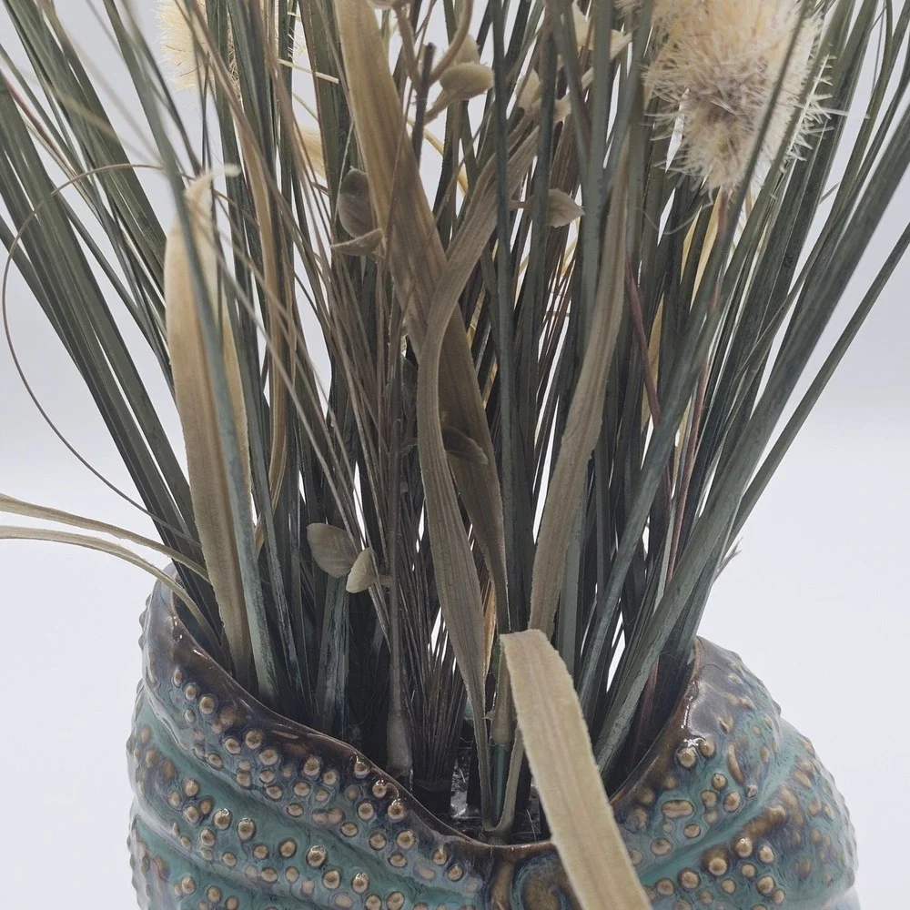 Nautilus Shell Ceramic Vase Teal Blue‎ Faux Grass Floral Arrangement Coastal